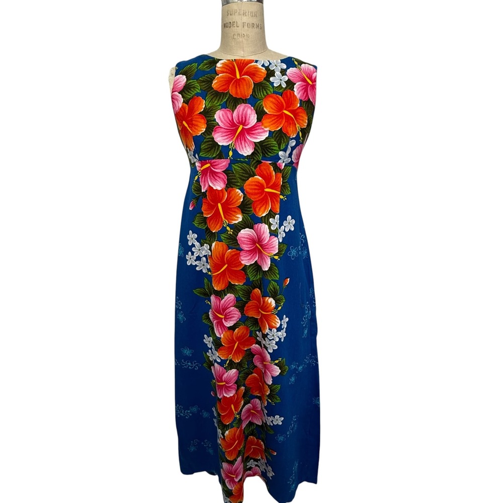 Vintage Ui-Maikai Hawaiian Maxi Dress Womens 16 Blue Floral Cotton Barkcloth